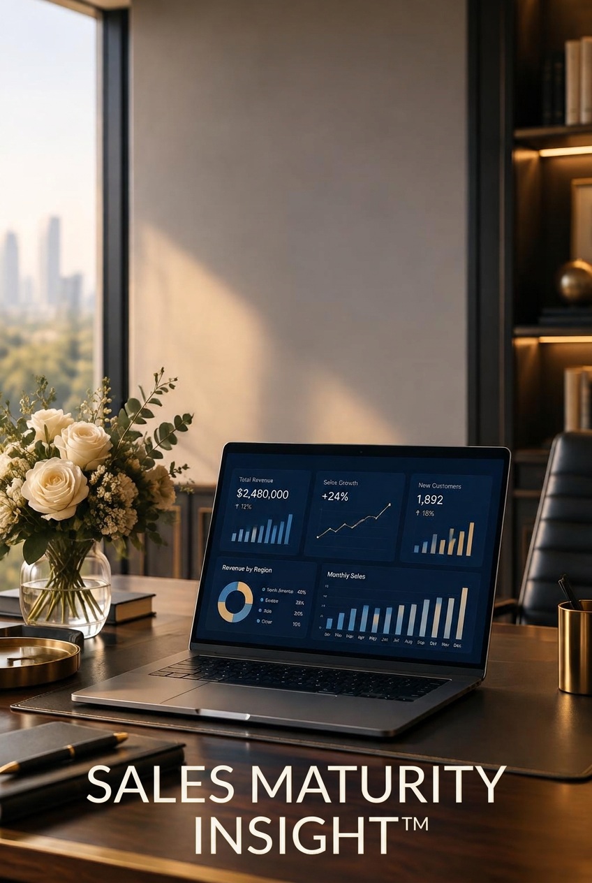 Sales Maturity Insight™ — bureau contemporain feutré avec un écran de données commerciales et un bouquet de fleurs